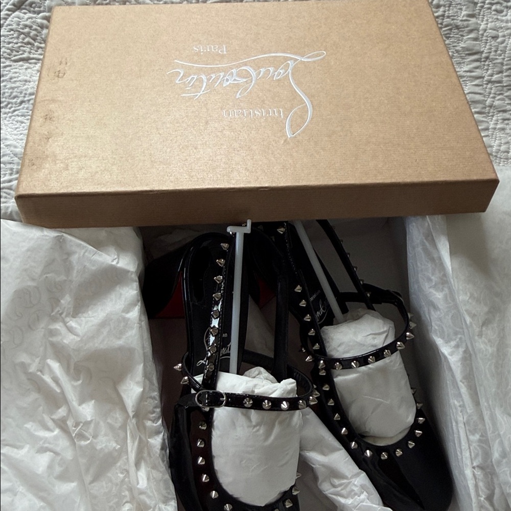 NWT Christian Louboutin Black Studded Mary Jane Heels - Picture 9 of 9